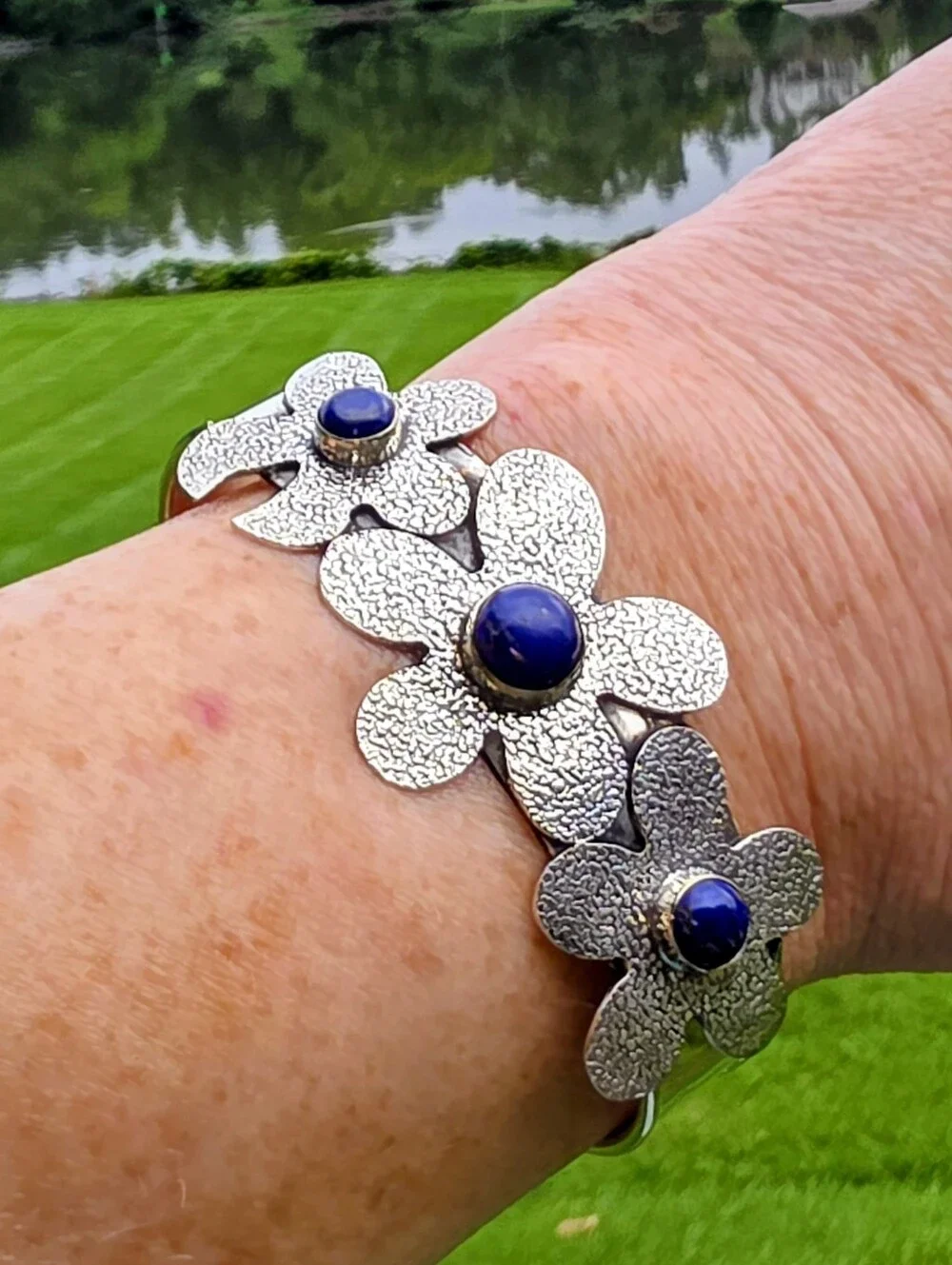Lapis Lazuli Gemstone Cuff Bracelet In 925 Sterling Silver (Adjustable)